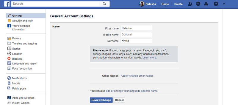 How to add other or language specific names on Facebook